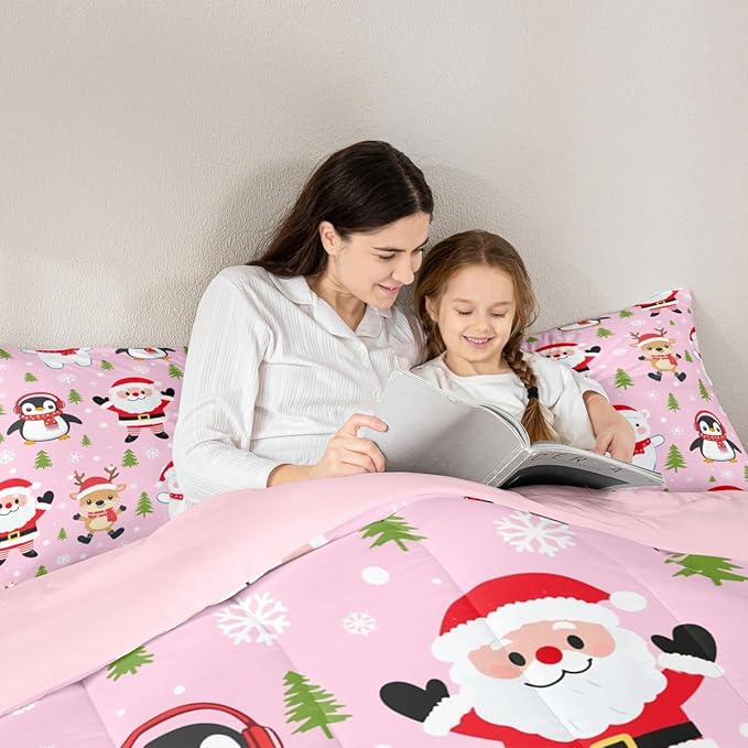Feelyou Pink Christmas Bedding Set Soft for Boys Girls, Santa Claus Comforter Set Queen Size Penguin Deer Duvet Quilt Microfiber Xmas Snowflake Tree Bedroom Decor 3 Pcs with 2 Pillow Cases