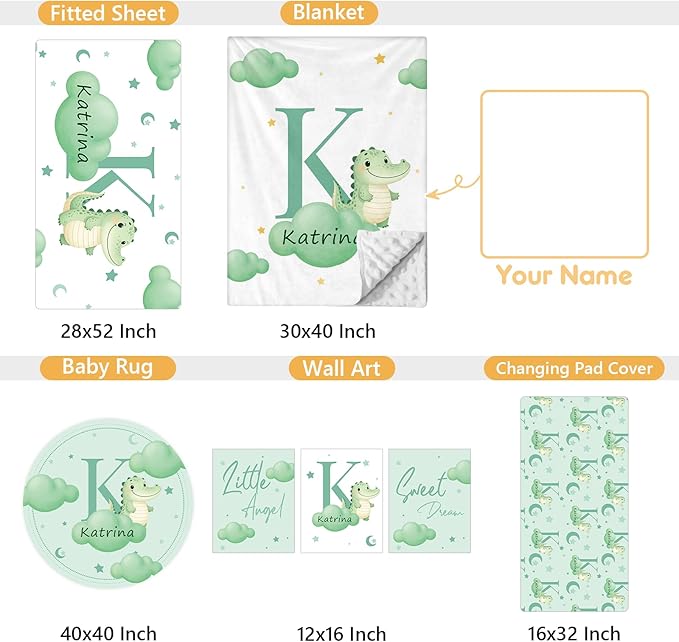 Custom Baby Bedding Set, 5 Pcs Personalized Baby Crib Sets with Name, Toddler Bedding Set for Baby Girls Boys, Green Crocodile Double Layer Nursery Bedding Set, Customized Gifts for Infants