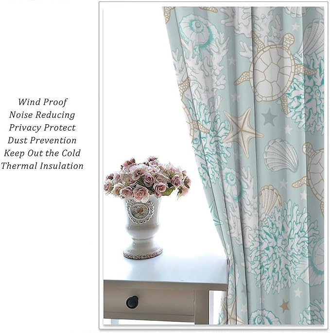 Nautical Curtains,Seagorses Coral Starfish Reef Seashell Beach Sea Seashell Pattern Blackout Print Home Bedroom Living Room Window Treatmen 2 Panel Set 63x72 Inch