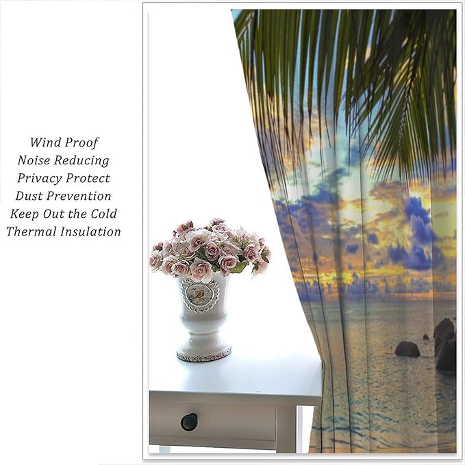 Ocean Beach Curtains,Sunset on Beach in The Evening Hawaiian Seaside Scene Pattern Blackout Print Home Bedroom Living Room Window Treatments 2 Panel Set 52x84 Inch