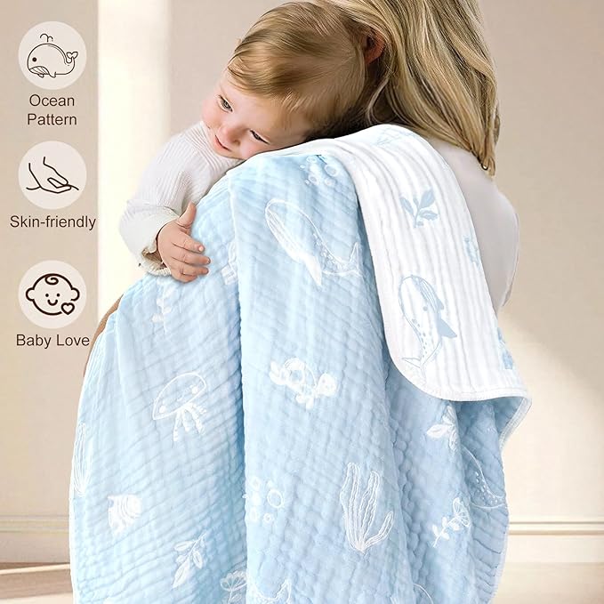 BOPRIO Muslin Baby Blanket Ultra Soft and Lightweight Versatile Swaddle and Bed Blanket for Baby Toddler Essentials Infant Shower Items, 43 x 43 Inch (Blue Ocean)