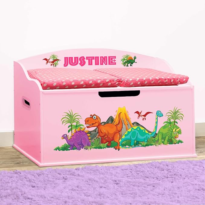 DIBSIES Personalized Creative Wonders Toy Box, Dinosaurs, 30 x 19.25 x 18 inches, Soft-Close Lid (Pink)