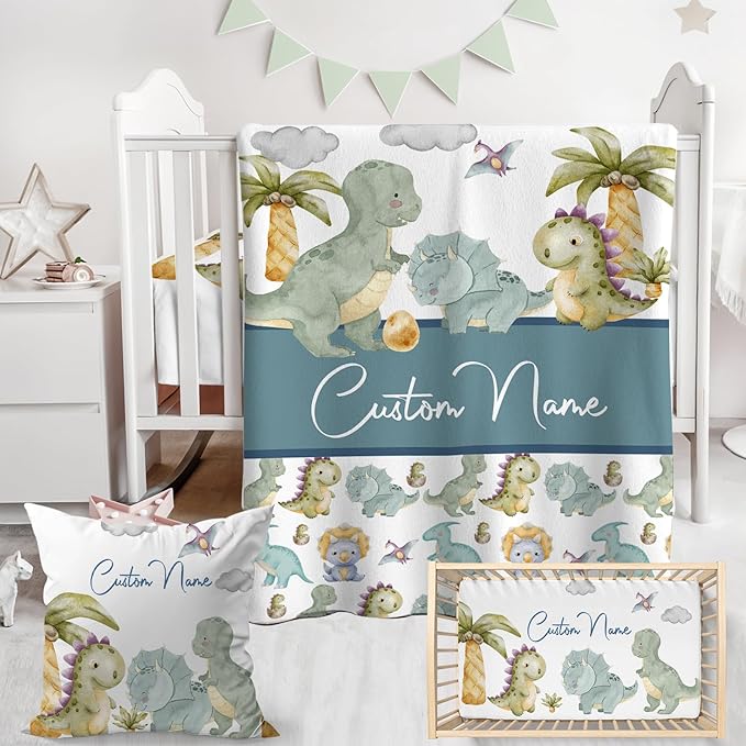 Personalized Baby Crib Bedding Set,3 Piece Custom Name Nursery Set with Blanket, Fitted Sheet & Pillowcase for Baby Girls & Boys, Dinosaur Forest Theme(Fixed Size)