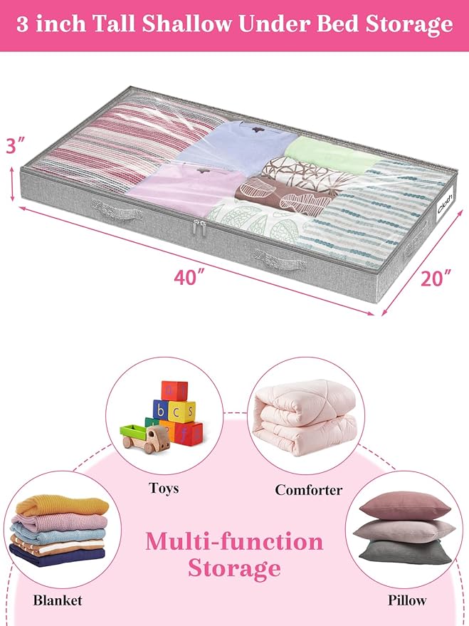 Low Profile Under Bed Storage, 3 Inches High Underbed Storage Containers Bins, NO STRUCTURE, Foldable Clothes Storage and Organizer with Lid & Zipper, Shallow Storage for Low Bed Couch Crib, 2-Pack