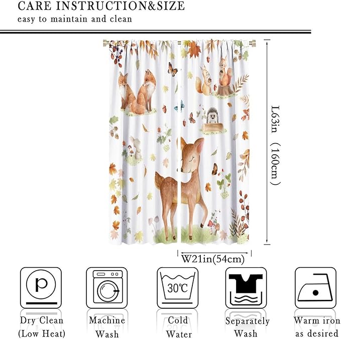Fall Animails Curtains for Kids, Rustic Cute Woodland Wild Animal Window Treatments Watercolor Autumn Leaves Cartoon Fox Deer Window Drapes for Nursery Toddler Bedroom 42x63in