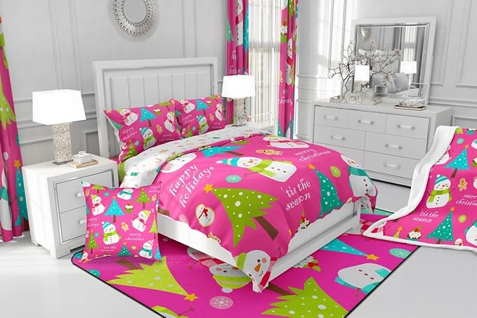 Erosebridal Christmas Kids Comforter Set Cartoon Snowman Quilts for Boys Girls Adults Xmas Tree Bedding Set Cartoon Snowflake Bedroom Decor Duvet Insert Queen Size