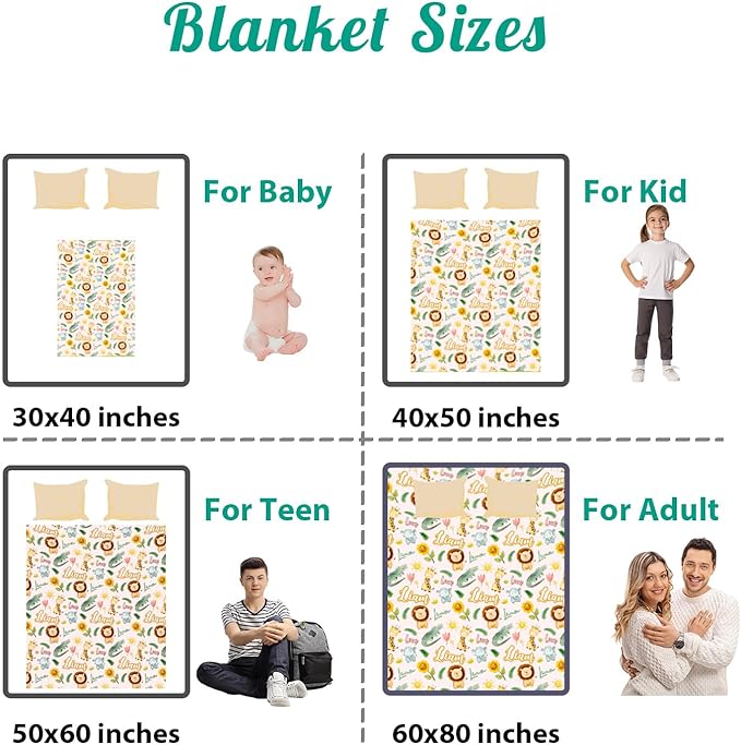 Custom Safari Animals Blanket Gift, Personalized Baby Blanket with Name, Soft Plush Flannel/Sherpa Fleece Throw Blankets for Toddler Kid Teen Boys Girls Color07