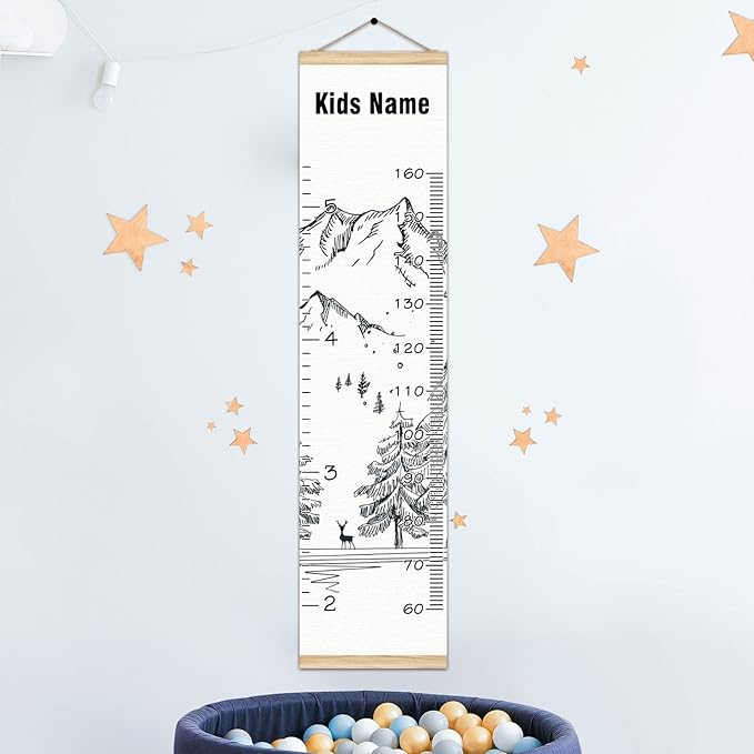 Personalized Kids Name Growth Chart Ruler for Wall Wood Frame Height Measure Chart 13.4x56 in Linen Hanging Height Growth Chart Winter Mountain Kids Room Decor