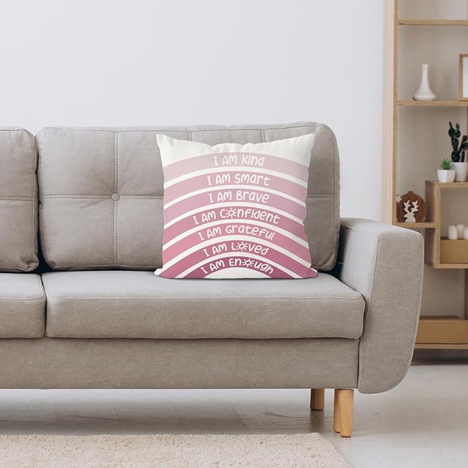 QIYUHOY Boho Rainbow Classroom Throw Pillow Covers,Preppy Pink Classroom Decor,Book Center Calming Corner Playroom Decor Pillow Case,Pink Pillow Cover,18x18 Inch Pillowcase