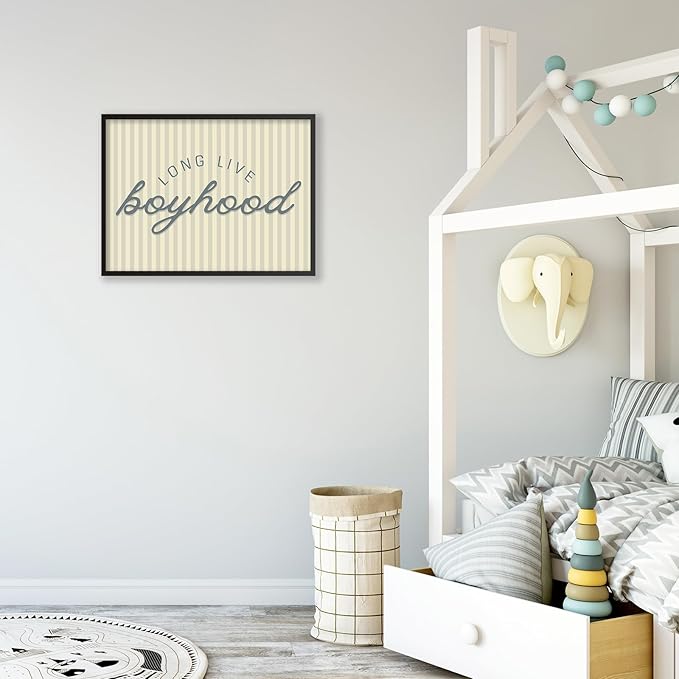 Long Live Boyhood Quote Wall Art Preppy Blue Stripe Poster 16x24 inch Black Framed Modern Fashion Minimalist Canvas Prints for Boy Nursery Bedroom Wall Decor