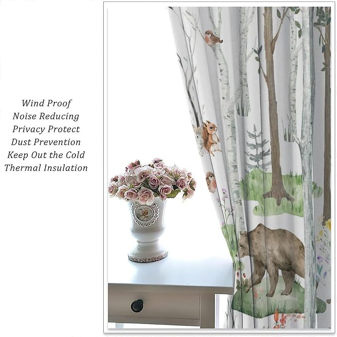 YCness Woodland Animals Curtains, Wild Animals Watercolor Forest Bear Deer Fox Rabbit Floral Nature Window Treatments for Bedroom Kitchen Nursery Living Room Drapes, 63x72 Inch