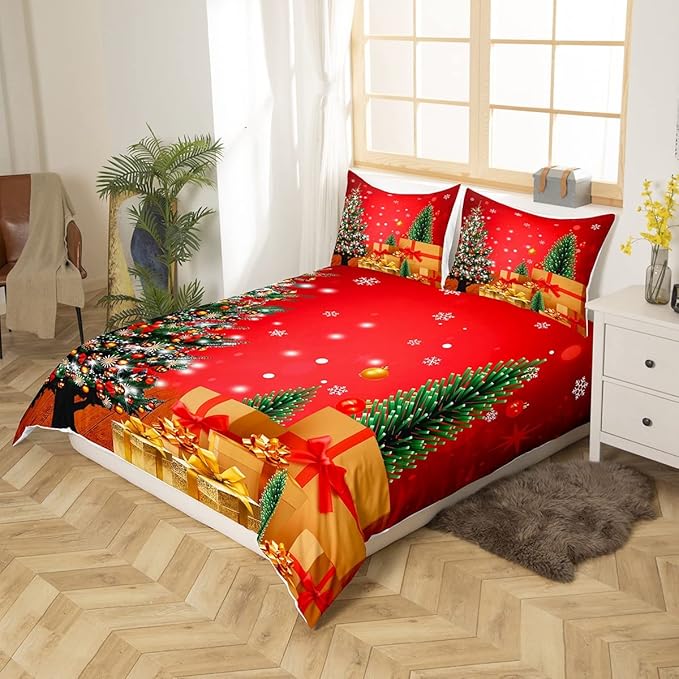Feelyou Christmas Bedding Duvet Cover Set Kids Christmas Tree Bedding Set Boys Girls Snowflake Gift Boxes Decor Comforter Cover Set Microfiber Xmas Theme Bedspread Cover Bedroom Bedclothes Toddler