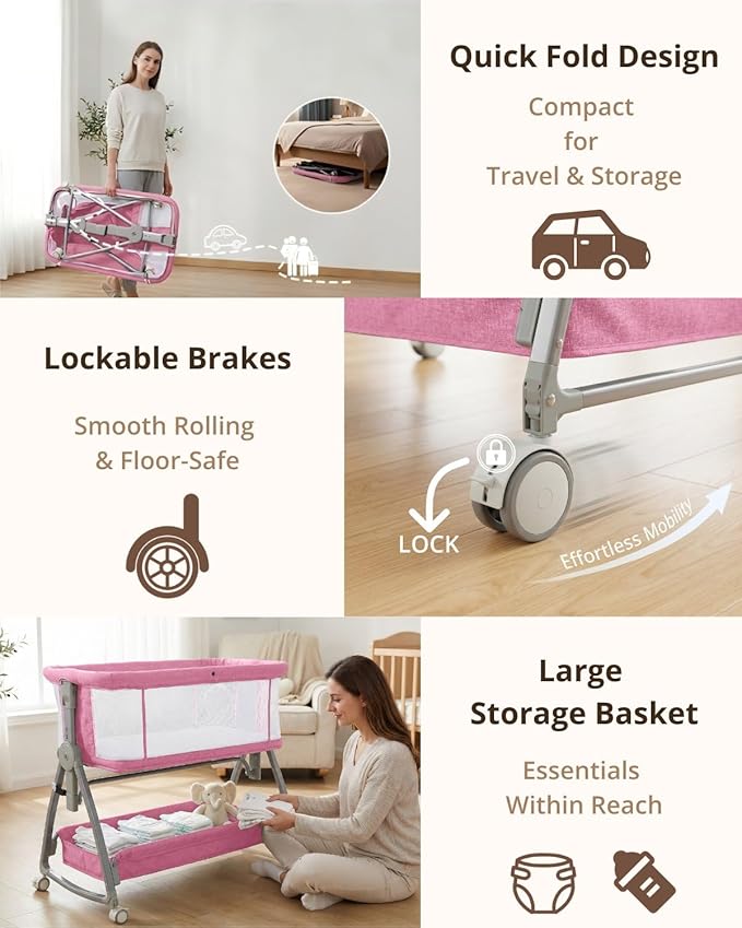 Baby Bassinet Bedside Sleeper, 3 in 1 Rocking Bassinet for Baby, Arms Reach Co Sleeper Bassinet with Wheels, Adjustable Height, Storage, Mattress & Canopy (Pink)