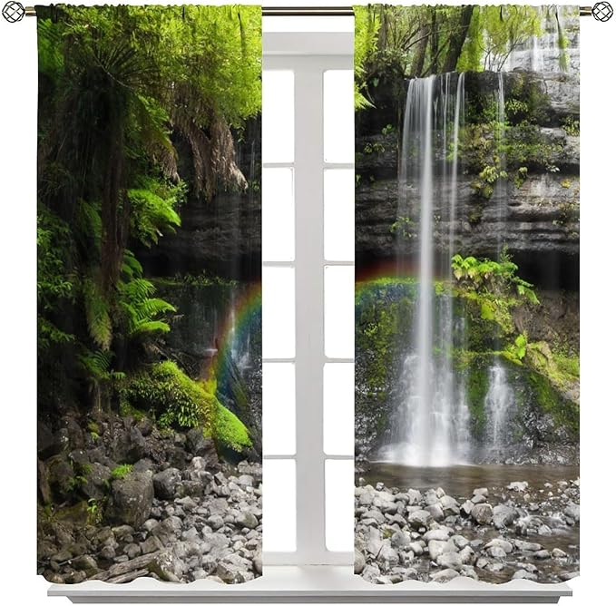 Natural Landscape Waterfall Blackout Curtains, Forest Falls Spring Natural Scenery Green Plant Tree Leaf Rod Pocket Window Drapes, for Bedroom Living Room 42" W X 63" L