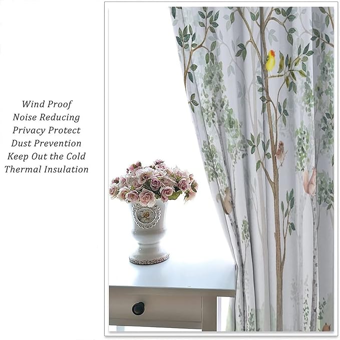 Kids Watercolor Woodland Animal Window Curtains, Bear Deer Squirrel Hedgehog Fox Birds Green Forest Blackout Rod Pocket Treatment for Boys Girls Bedroom 42x54in