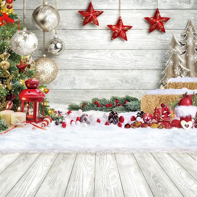 CYLYH 10x10ft White Wood Floor Photography Backdrop - Winter Snow Xmas Background for Newborn, Christmas, New Year Party Banner Decor