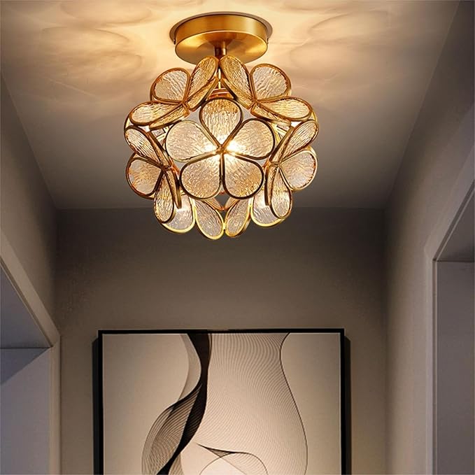 7.9 Inch Petal Ceiling Light, Tiffany Style Metal and Glass Ceiling Lamp with E27 Base for Hallway, Entryway, Bedroom - Wave Pattern