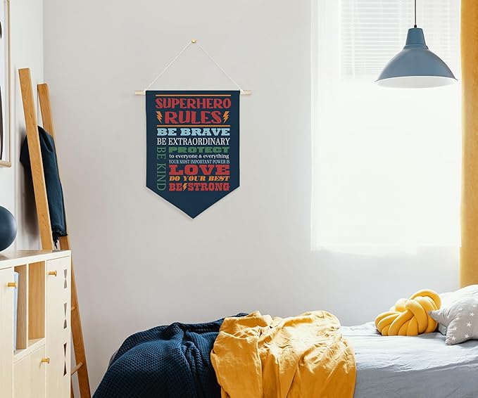 QODUNG Inspirational Quote Superhero Rules Avengers Room Decor,Cool Wall Decor for Boys,Bedroom,Playroom,Toddler and Kids Room,Wall Hanging Pennant Flag Canvas Banner