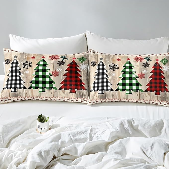 Manfei Xmas Plaid Trees Duvet Cover Set Full Size, Western Texas Star Bedding Set 3pcs for Kids Boys Girls, Christmas Theme Comforter Cover Wooden Plank Quilt Cover with 2 Pillowcases,No Comforter