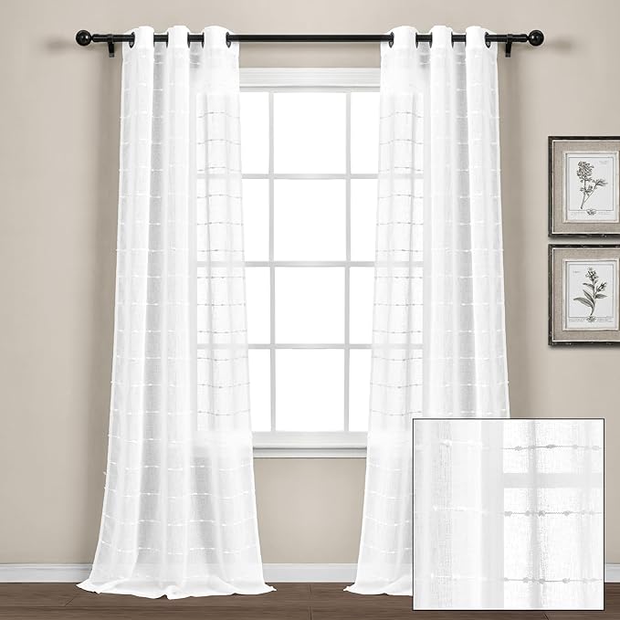 Lush Decor Farmhouse Textured Grommet Sheer Window Curtain Panel Pair, 38"W x 95"L, Bleach White
