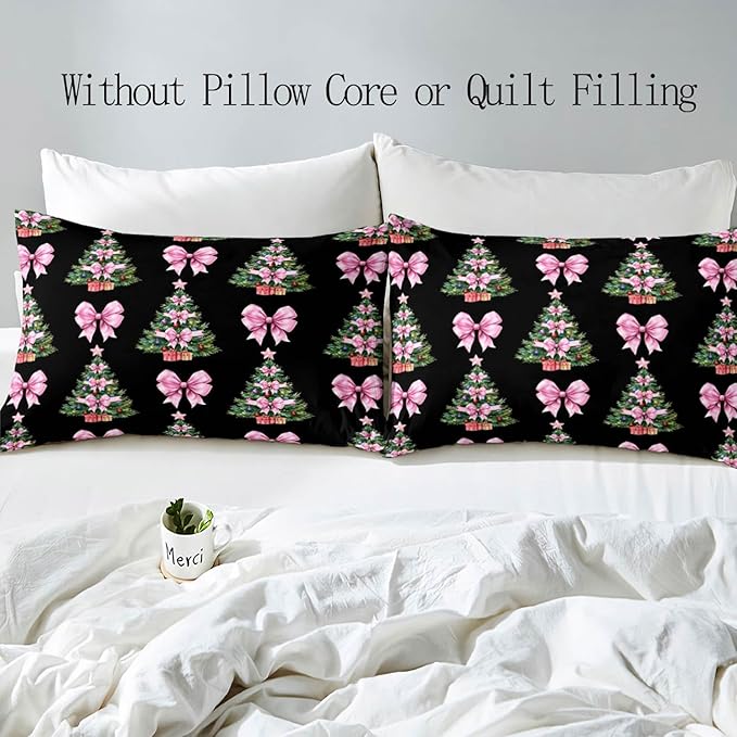 LUVIVIHOME 2PCS Christmas Tree Pink Bow Duvet Cover Twin Bedding Sets, Teen Girl Bedding, Black Duvet Cover, Bowknot Xmas Tree Winter Holiday Festival Coquette Christmas Comforter Cover, 1 Pillow Case