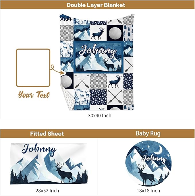 Custom Baby Crib Bedding Set, 3 Pcs Personalized Nursery Bedding Set with Name, Soft Baby Bedding Crib Sets with Blanket - Toddler Crib Sets for Girl Boy, Infant Newborn Gifts, Blue Moon & Bea