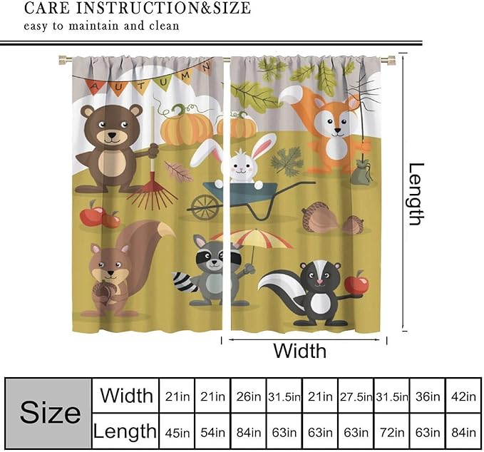 Cartoon Curtains, Jungle Animals Autumn Fun Pattern Blackout Window Treatments, Rod Pocket Thermal Insulated Drapes 2 Panel Sets for Children Boys Bedroom Nursery Classroom, 63" W X 63" L