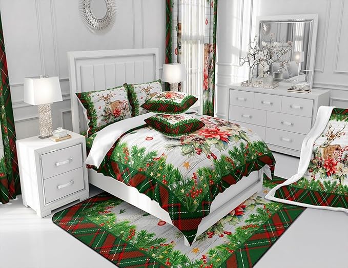Castle Fairy Merry Christmas 3 Pcs King Size Comforter Set,Red Green Geometric Grid Down Alternative Adults Bedroom Decor,Xmas Deer Elk Farmhouse Ultra Soft Microfiber Inner Fill 3Pcs Bedding