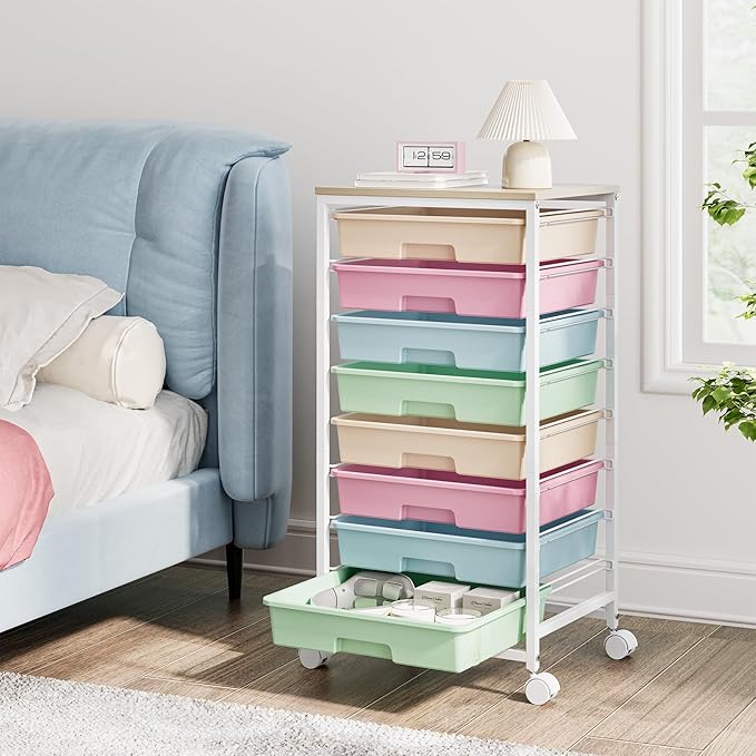 Rolling Storage Cart, Rainbow Cart with 8 Drawers and Wooden Tabletop, Teacher Organization for Classroom, Art Cart for Classroom,Office,Bedroom,Rainbow
