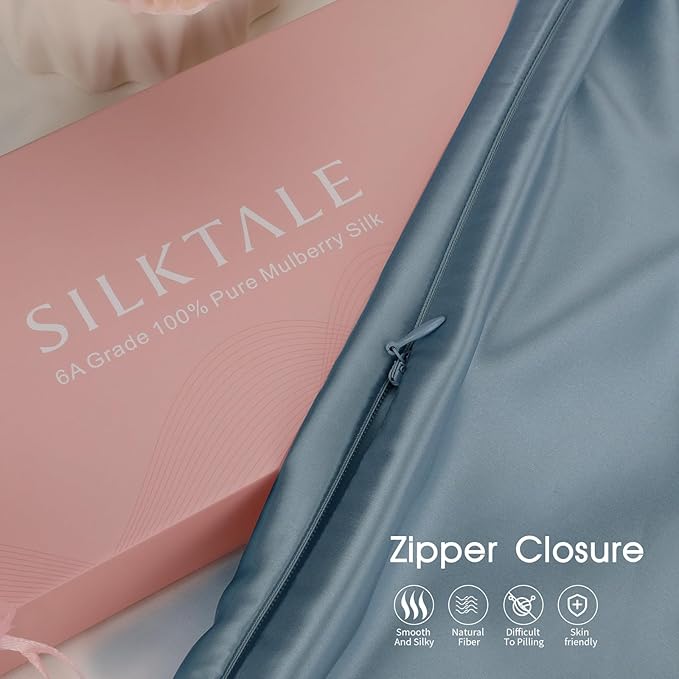 100% Mulberry Silk Zippered Bed Pillowcase for Hair and Skin,Zip Up Real Silk Large Pillow Case,19 Momme Grade 6A,1pc,Ash Blue,Super King Size 20x36 Inches