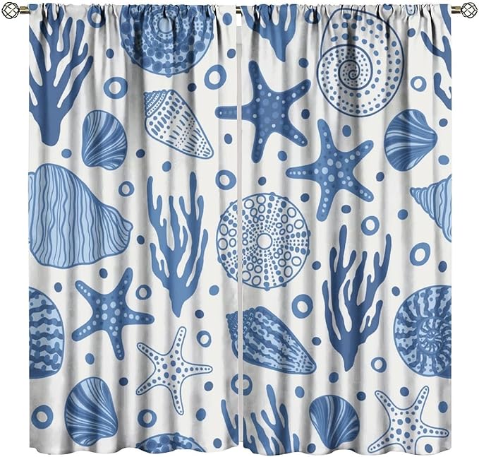 Coastal Nautical Curtains,Coral Starfish Seashell Beach Sea Starfish Seashell Theme Pattern Blackout Print Bedroom Living Room Window Treatmen 3 Panel Set 55x63 Inch