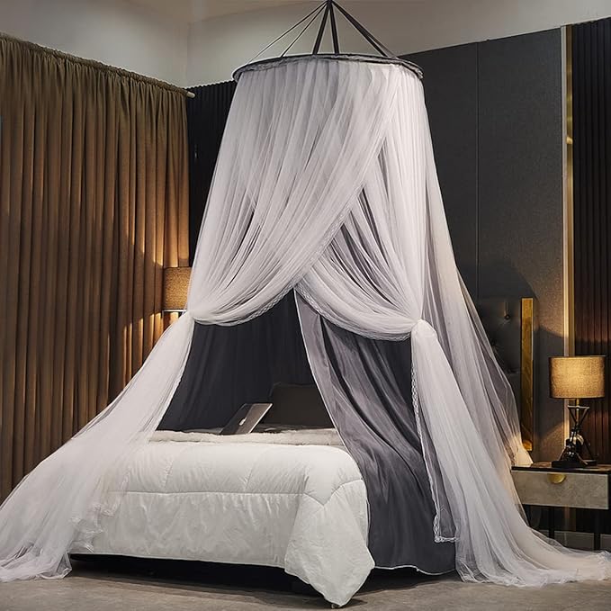 Kertnic Luxurious Bed Canopy for Girls & Adults - Double Layer Princess Canopy with Lace, Round Dome Mosquito Netting for Queen/King Bed Tent (New Gray)