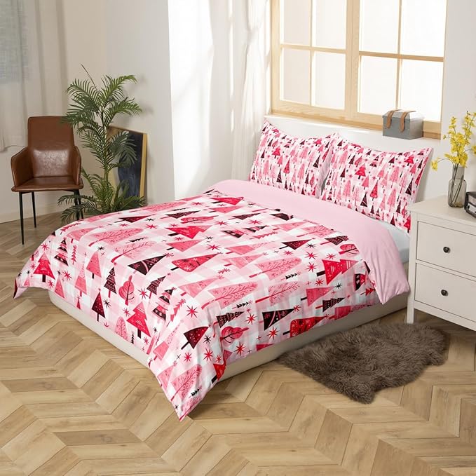 Manfei Cartoon Tree Duvet Cover Set King Size, Christmas Theme Bedding Set 3pcs for Kids Girls Adults, New Year Pink Plaid Comforter Cover Soft Polyester Quilt Cover with 2 Pillowcases,No Comforter