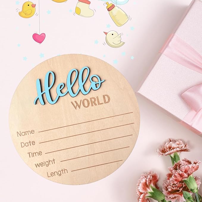 Baby Announcement Sign, 5.9 Inch Wooden Hello World Newborn Signs, Birth Announcement Sign, Baby Shower Hospital Nursery for Newborn Boys and Girls (Sky Blue,Pen)