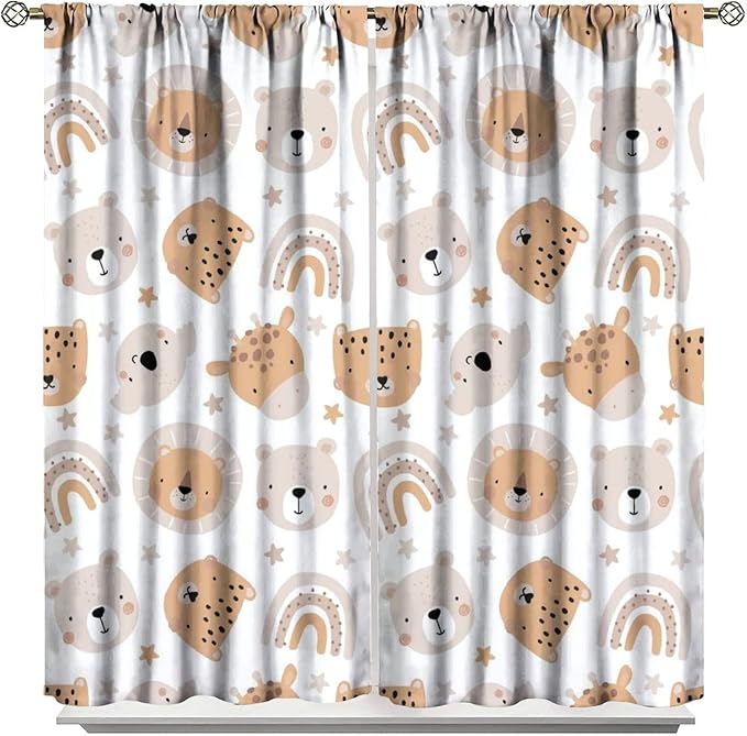 Cartoon Boho Animal Curtains,Funny Forest Safari Print,Cute African Wildlife Koala Giraffe Lion Leopard Bear Rainbow Blackout Window Drapes for Boys Girls Kids Baby Child Bedroom 63x72in