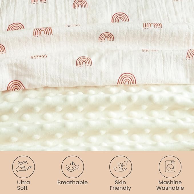david's kids Muslin Minky Baby Blanket for Boys Girls with Muslin Cotton Front and Dotted Fleece Backing, Breathable and Soft Lightweight Receiving Blanket for Newborns, 40x50 Inches, Rainbow