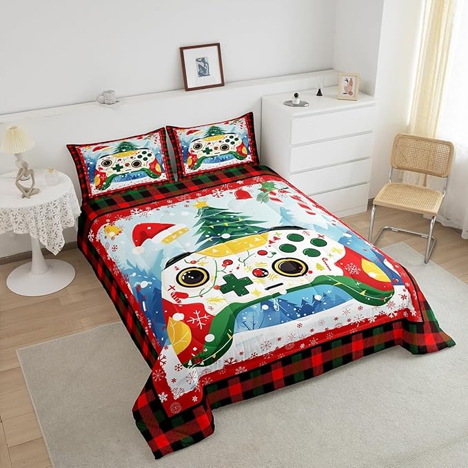 Gamer Gaming Bedding Set Full Size,Christmas Tree Snowflake Comforter Set for Kids Boys Girls Room Decor,Video Games Christmas Theme Duvet Insert 3Pcs,Red Green Plaid Xmas Quilt Set,2 Pillowcases
