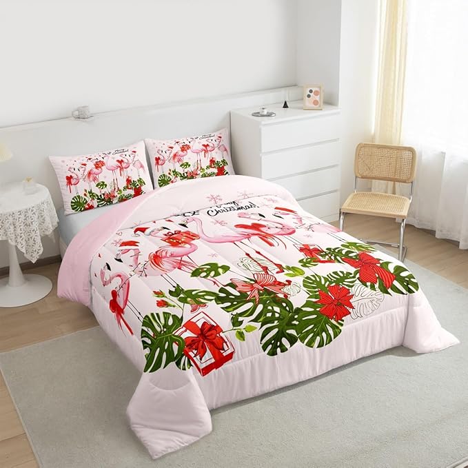Merry Christmas Full Size Comforter Set,Pink Flamingo Cartoon Bird Animal Bedding Comforters Bedroom Collection,Winter Snowflake Green Leaves Bedding Set for Girls Teens
