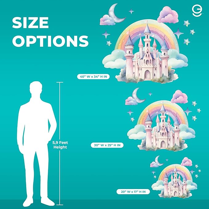 CRYPTONITE Rainbow Wall Decal for Girls Bedroom | Watercolor Castle Vinyl Sticker for Nursery Wall Decor | Cute Stickers for Kids Room, Windows, or Furniture | 3 Sizes (Wide 20" x 18" Height (Small))