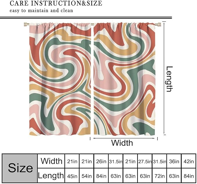 70S Abstract Wavy Swirl Curtain for Bedroom Windows,Retro Boho Minimal Teen Girls Kids Living Room Restroom Window Treatments Drapes 42"" W X 63"" L, Style-4