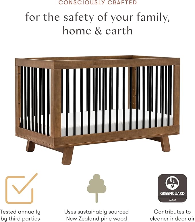 babyletto Hudson 3-in-1 Convertible Crib with Toddler Bed Conversion Kit in Natural Walnut/Black, Greenguard Gold Certified