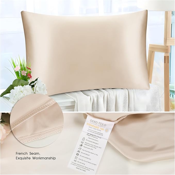 100% Mulberry Silk Zippered Bed Pillowcase for Hair and Skin,Zip Up Real Silk Large Pillow Case,19 Momme Grade 6A,1pc,Champagne,Super King Size 20x36 Inches