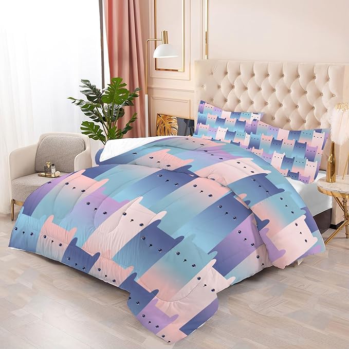 Gradient Cat Comforter Set: Twin Size Kawaii Cats Bedding Set for Kids Teens Girls Boys Bedroom Decor Blue Purple Cute Kitten Quilt Bed Sets 1 Comforter & 1 Pillowcase