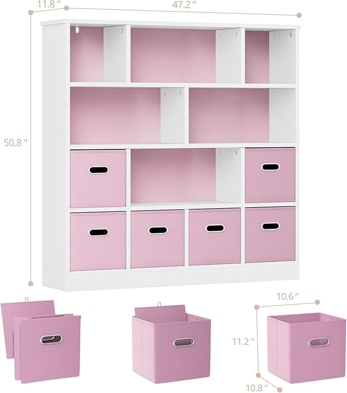 IRONCK Toy Storage Organizer with 6 Bins, Wooden 4-Tier Floor Standing Open Bookshelf Storage Cubby, 12-Cube Storage Shelf Bookcase, Kids Bookshelf and Toy Storage, Pink