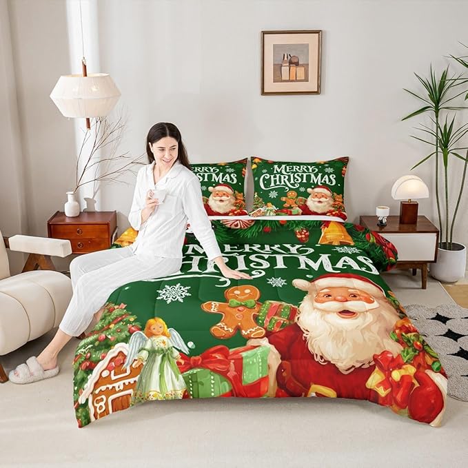 Feelyou Green Christmas Comforter Set All Season Santa Claus Bedding Set with 1 Pillow Cases Gingerbread Microfiber Kids Twin Bedclothes Bedroom Decor Duvet Quilt Breathable Soft