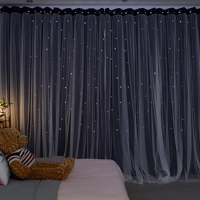 Kinryb Kids Star Cutout Curtains for Bedroom/Living Room/Classroom,2 Free Tiebacks Sheer Overlay 2 Panel Set, Double Layer Curtains for Kids Room(Each Piece W70xL84 Inches 2 Pcs Navy Blue)