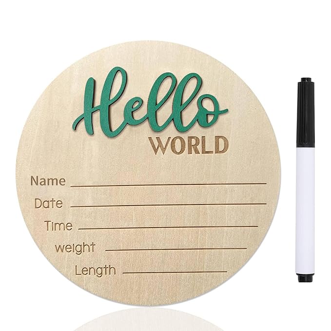 Baby Announcement Sign, 5.9 Inch Wooden Hello World Newborn Signs, Birth Announcement Sign, Baby Shower Hospital Nursery for Newborn Boys and Girls (Green,Pen)