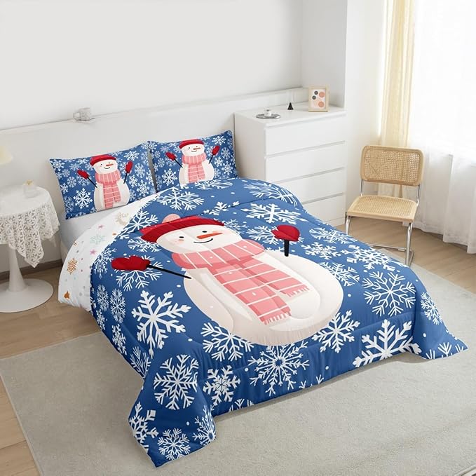 Feelyou Christmas Comforter Set Toddler Size Snowman Blue Bedding Set for Kids Boys Girls Xmas Snowflakes Duvet Quilt Winter Snow Bedroom Decor Microfiber 2 Pcs with 1 Pillow Cases
