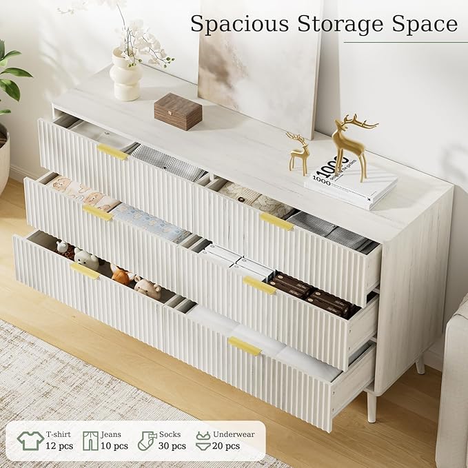 LYNSOM Fluted Dresser and Nightstand Sets 2 Piece, 2-Drawer Nightstands and 6-Drawers Dresser, Wood Bedroom Furniture Set for Home, Bedroom, Hallway, White