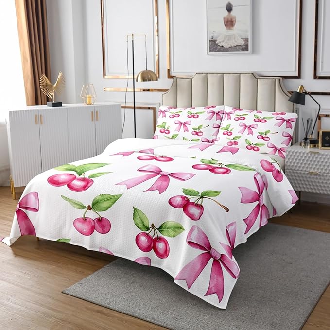 Pink Bowknot Kids Bedspread Queen Size,Cherry Tropical Fruit Bow Patchwork Coverlet Set,Girls Women Room Decor,Bow Tie Butterfly Knot Princess Quilted Coverlet,Dreamy Bedding Quilt,2 Pillowcases
